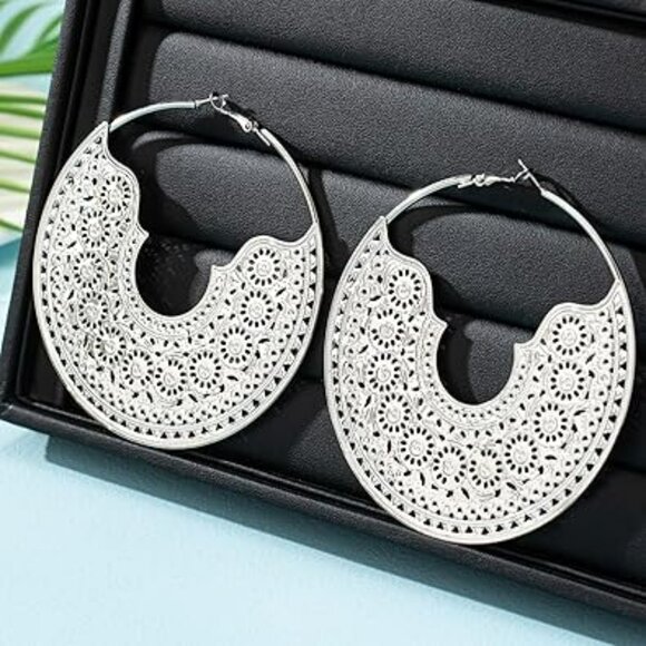 Bohemian Hoop Earrings Bold and stylish geometric circle Cuban Chunky SILVER - Picture 4 of 4